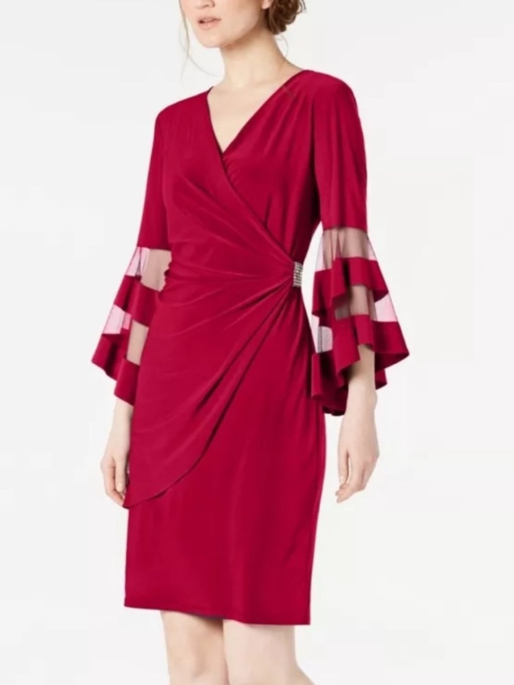 🆕 R&M Richards Raspberry/red Wrap Dress with Striped Bell Sleeves